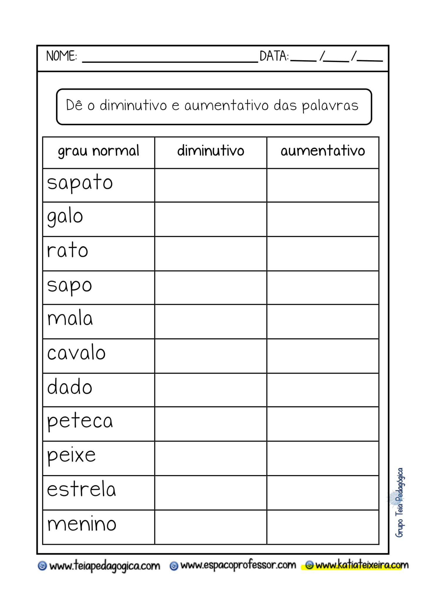 Atividade Diminutivo e Aumentativo com frases enigmáticas
