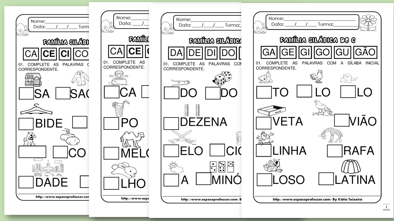 Atividades sílaba inicial letras B, C, D, F, G