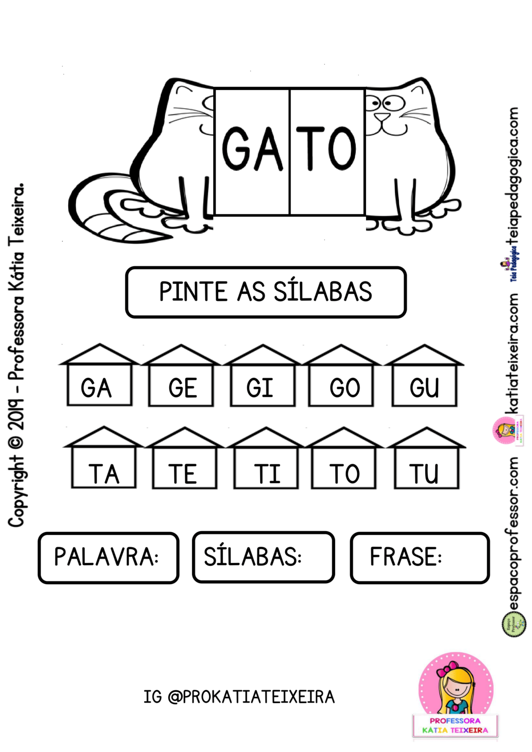 Alfabetização palavra gato: sílabas, palavra e frase