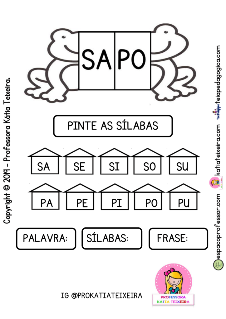 Alfabetização palavra sapo: sílabas, palavra e frase