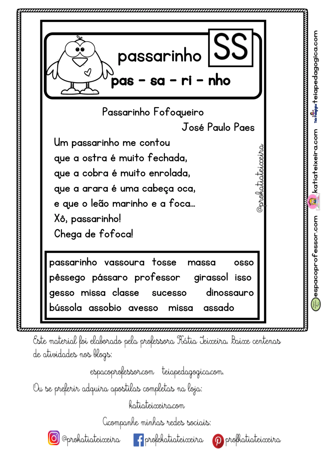 Leitura interativa SS com interpretação e ficha de palavras