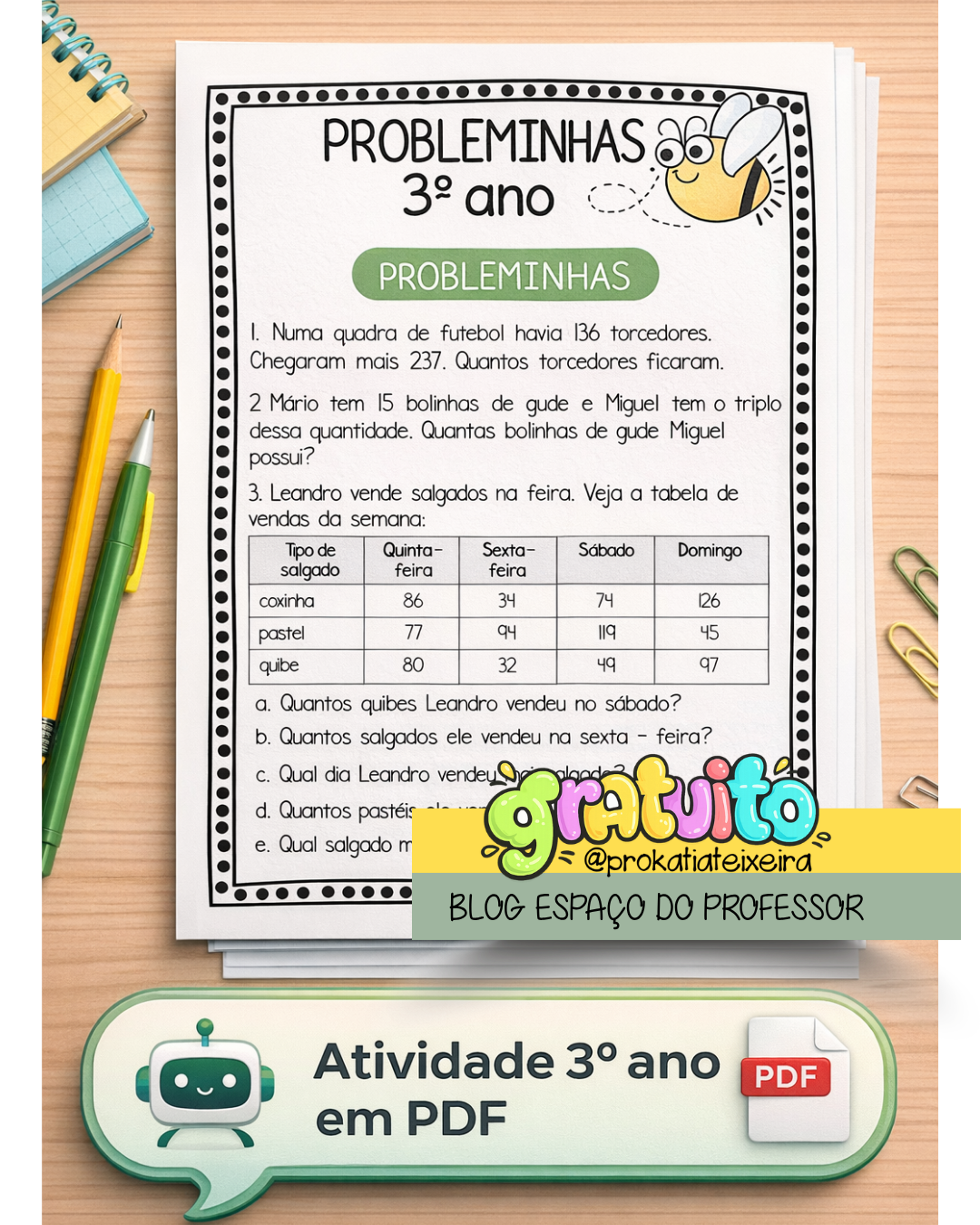 Atividades de matemática 3º ano - problemas para imprimir