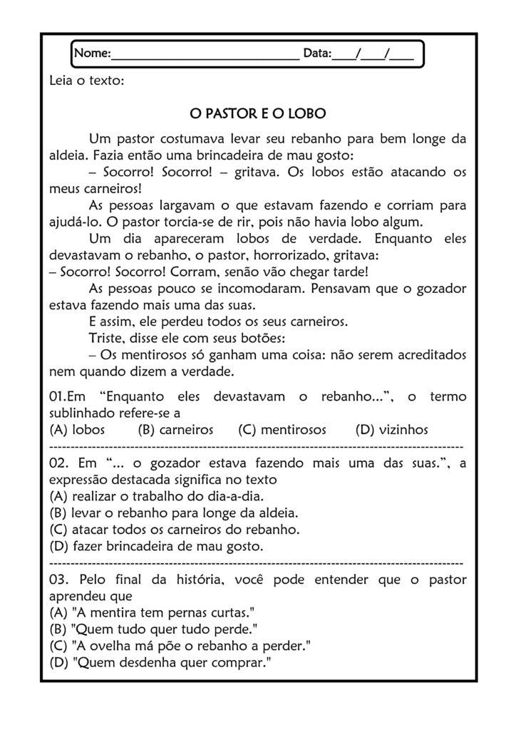 Atividade Interpretação de Texto do 4ºano