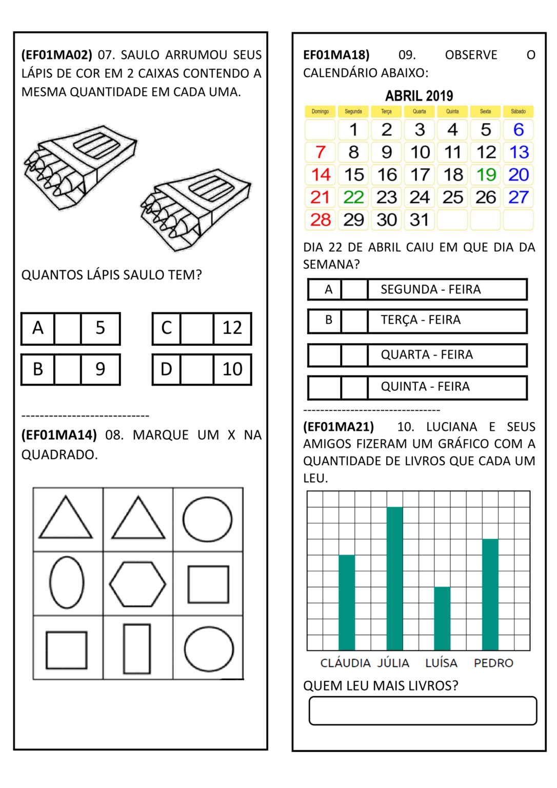 Avaliação de matemática 1º ano com habilidades BNCC