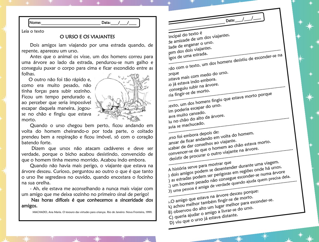 Atividades de leitura e interpretação 5º ano O Urso e os viajantes