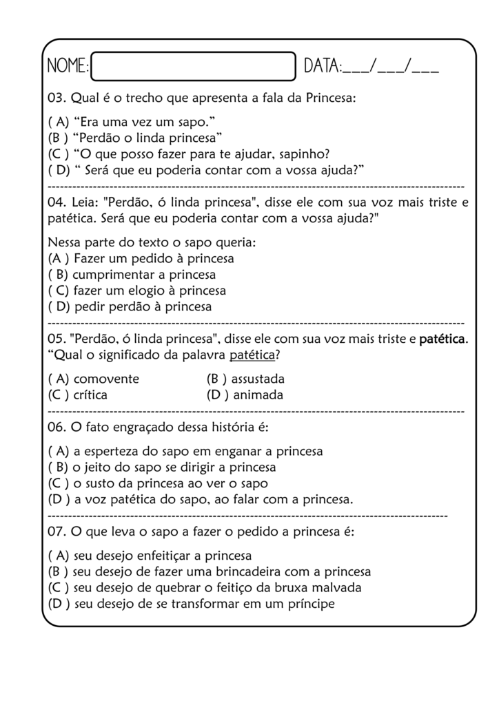 Exercícios de português 4º ano - Leitura e Interpretação