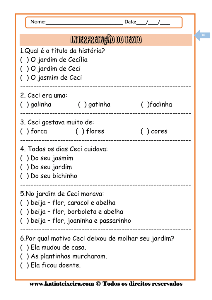 Atividade de português 3º ano: Leitura e interpretação O jardim de Ceci