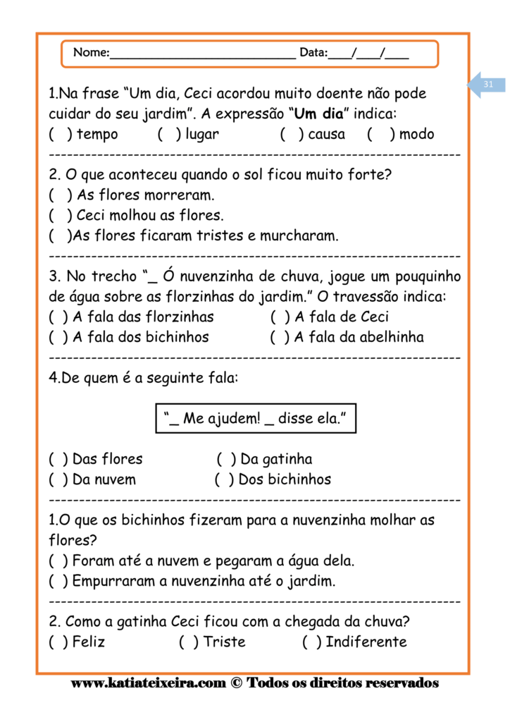 Atividade de português 3º ano: Leitura e interpretação O jardim de Ceci