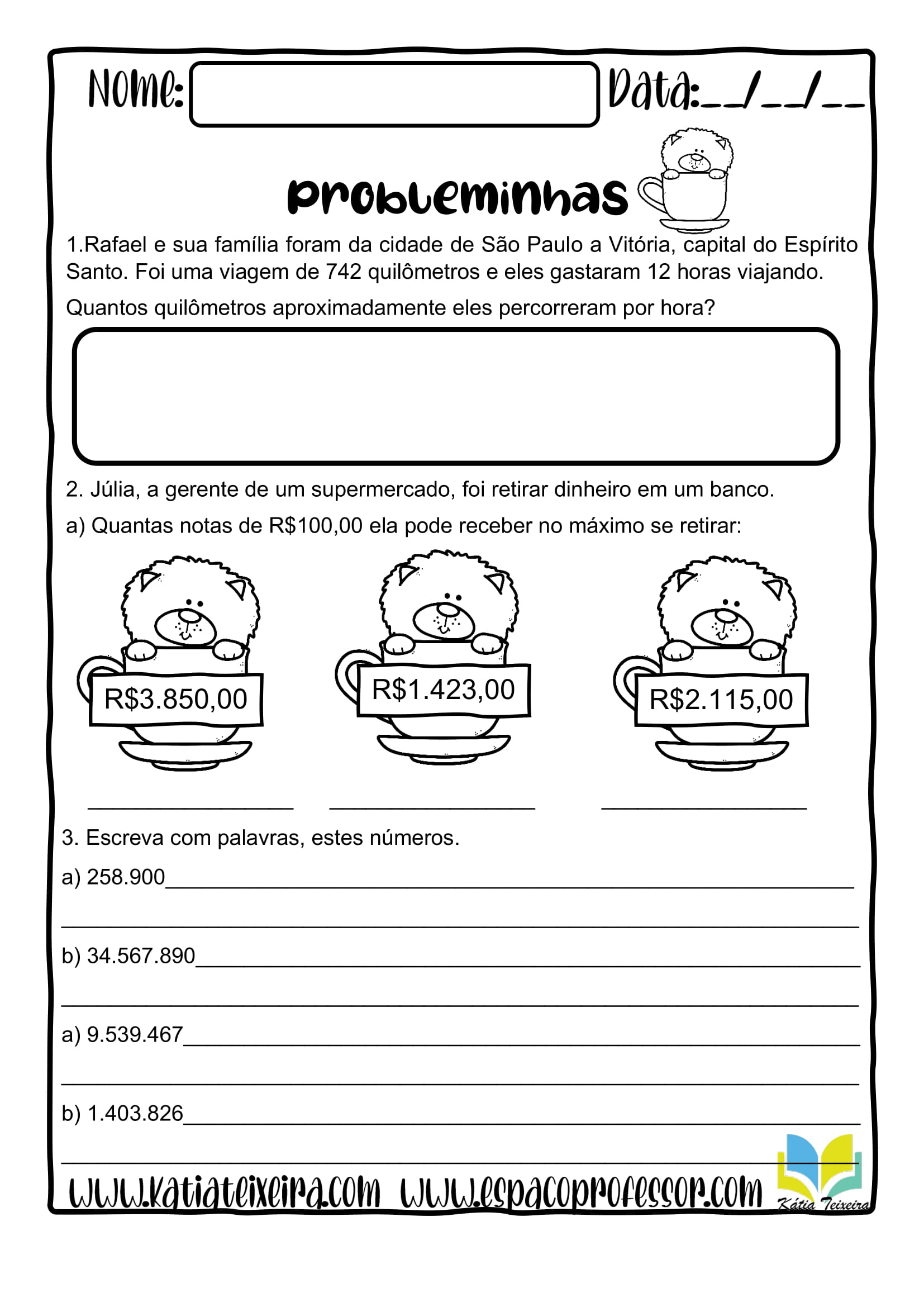 Atividades de matemática 5º ano - Problemas e escrita literal