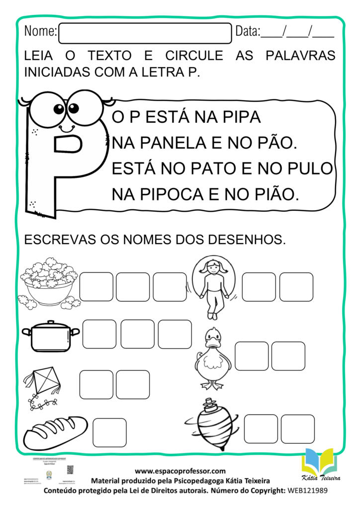 Atividade de português 1º ano: alfabetização letra P – 01