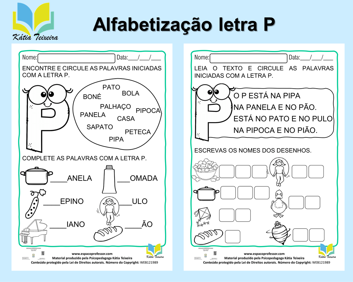 Atividade de português 1º ano: alfabetização letra P - 01