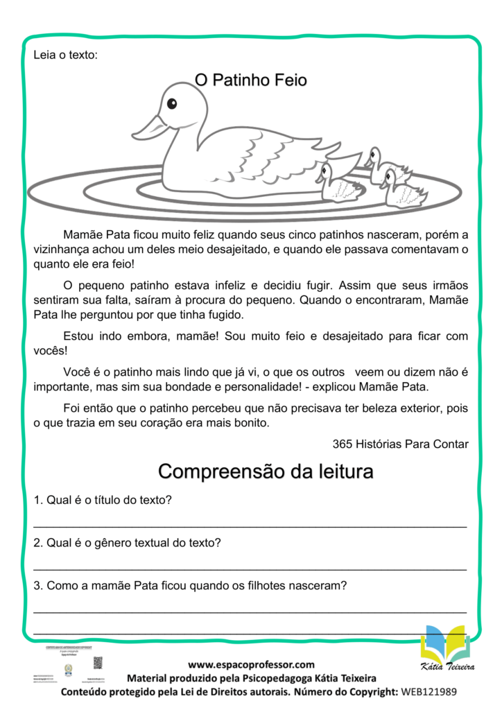 Atividade de português 3º ano: Leitura O Patinho Feio