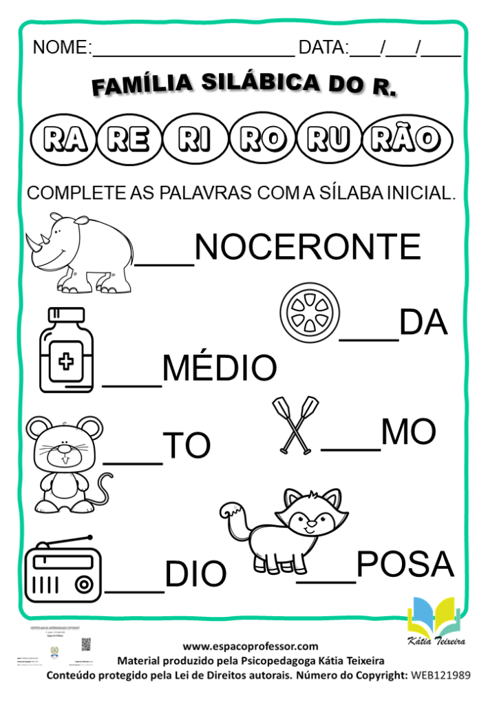 Atividades de alfabetização: sílaba inicial letra R S T