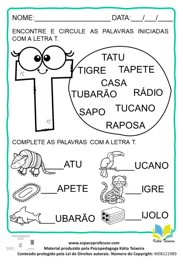 Atividade de português 1º ano: alfabetização letra T