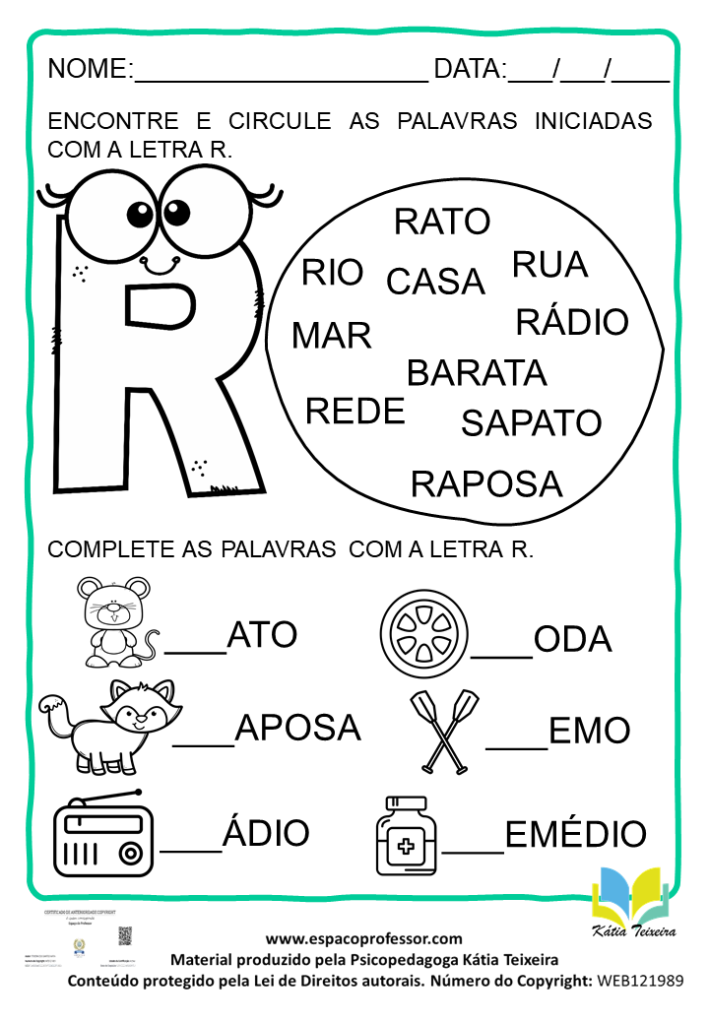 Atividade De Português 1º Ano: Alfabetização Letra R