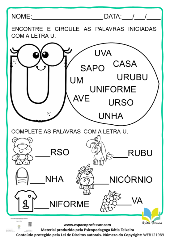 Atividades 1ºano- Atividades de alfabetização letra U