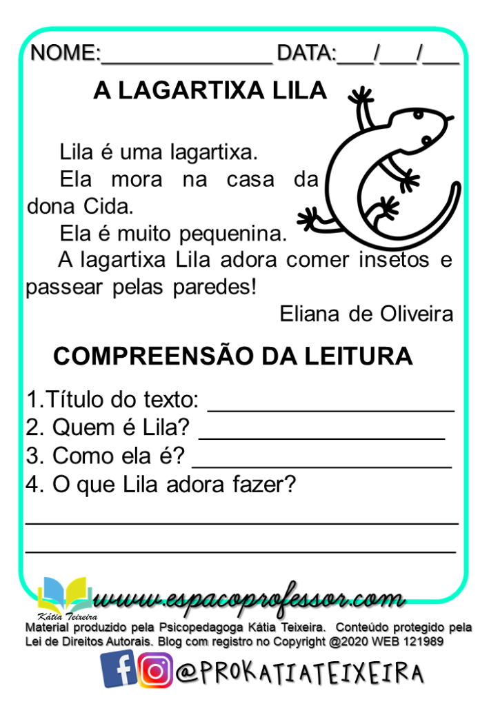 Português 2º ano -Atividades de alfabetização A lagartixa Lila