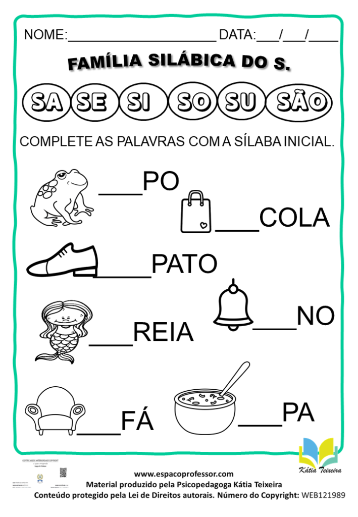 Atividades de alfabetização: sílaba inicial letra R S T