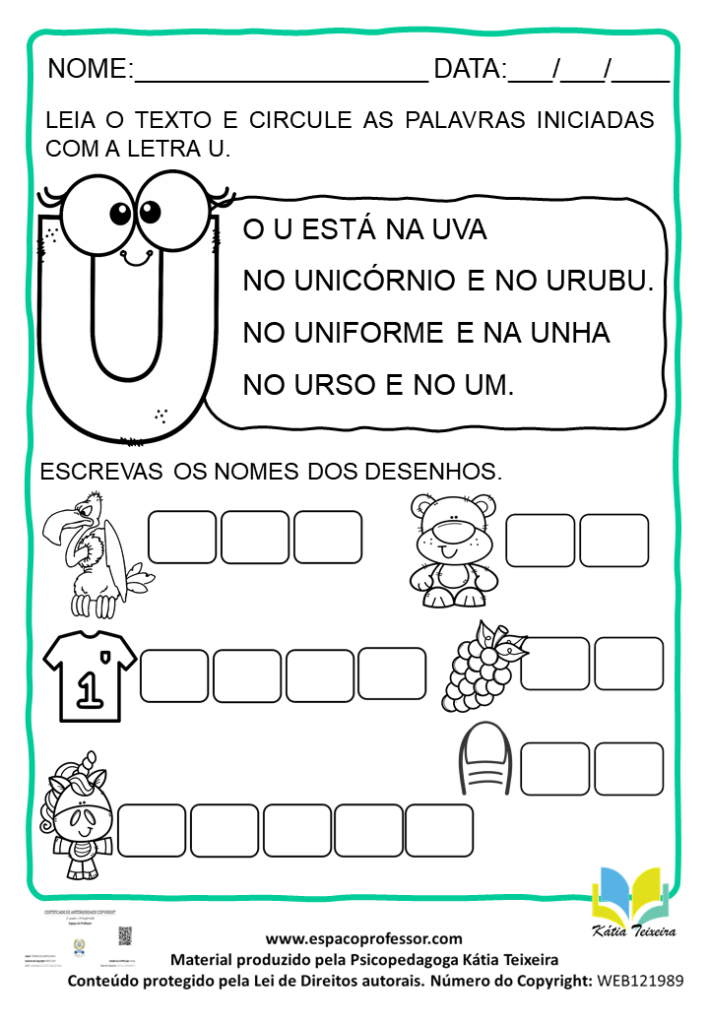 ATIVIDADE DE ALFABETIZAÇÃO - EDUCAÇÃO INFANTIL - LETRA U  Atividades letra  e, Atividade letra u, Atividades pedagogicas