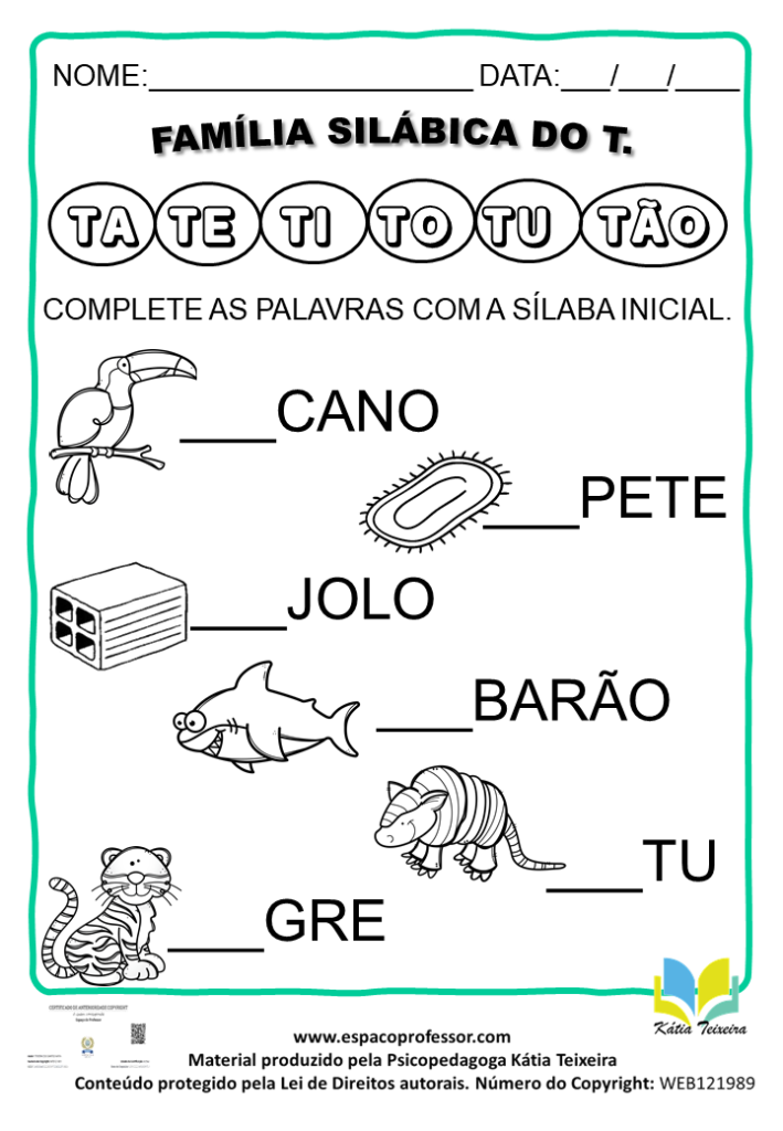 Atividades de alfabetização: sílaba inicial letra R S T