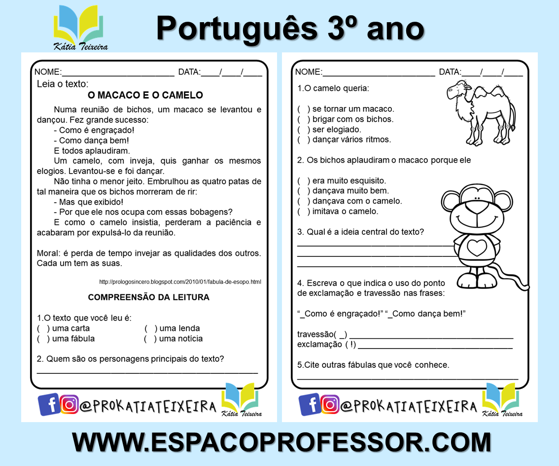 Atividade de português 3º ano: fábula o macaco e o camelo