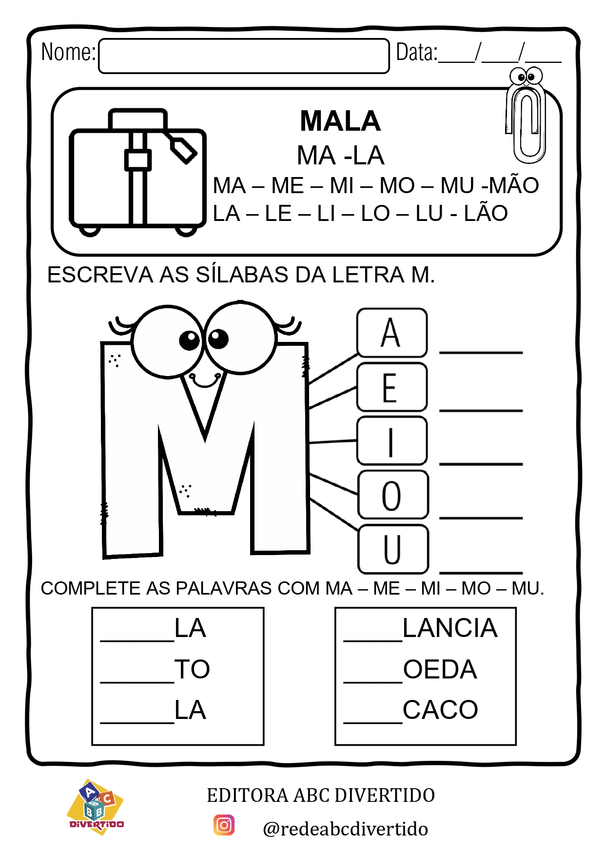 Atividades de alfabetização letra M em PDF para baixar