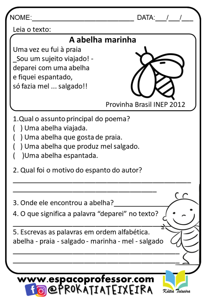 Atividades de alfabetização 2º ano em pdf - A abelha marinha