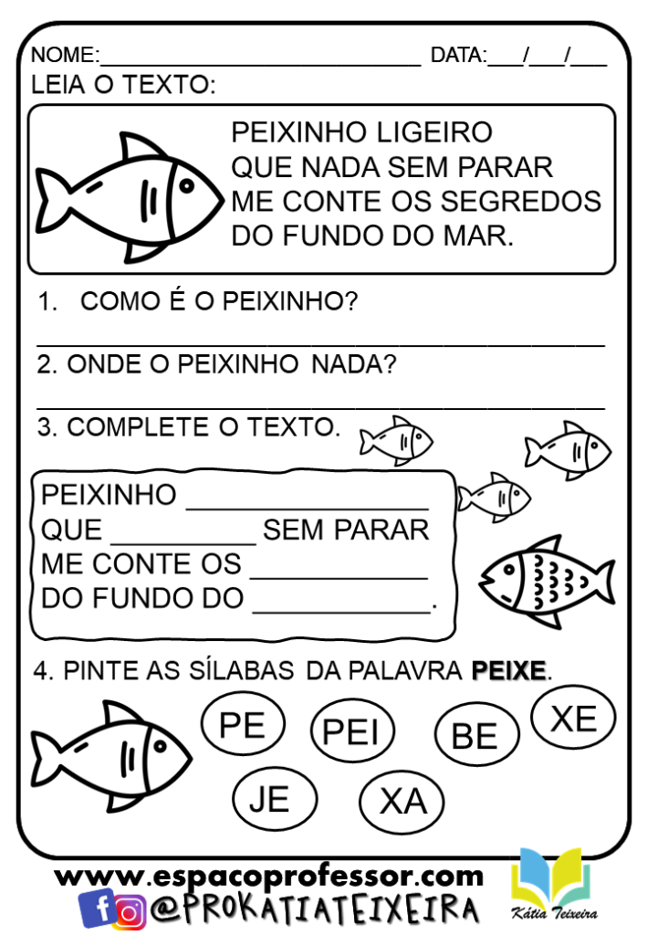 Atividade de alfabetização 1º ano Peixinho ligeiro - atividade de português