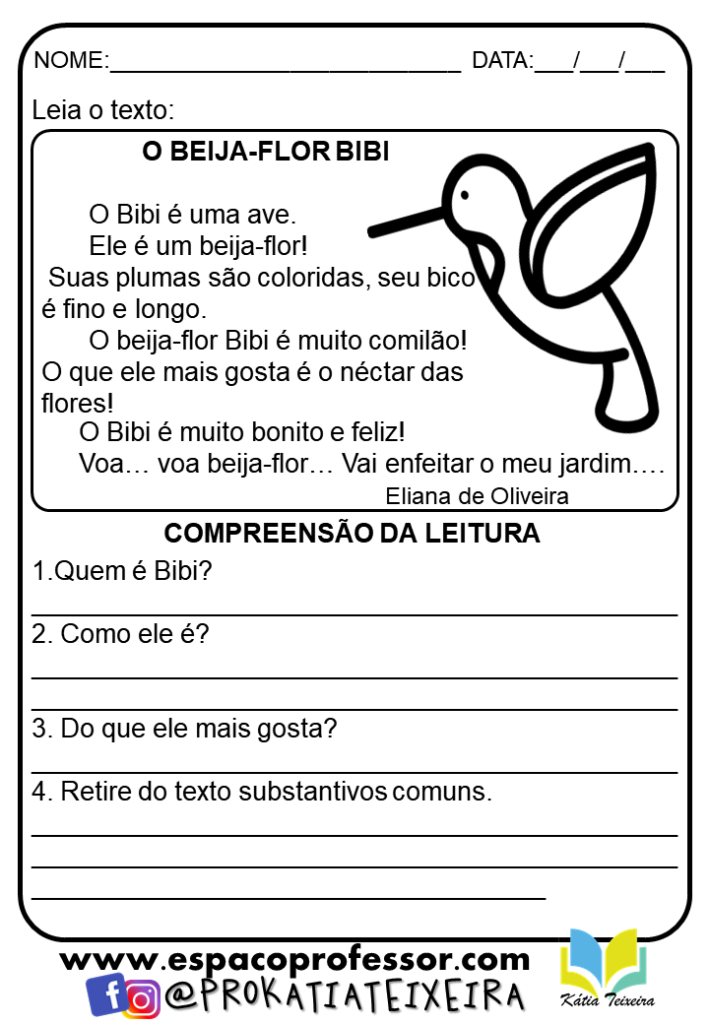 Atividade de alfabetização 2º ano: Interpretação O beija-flor Bibi PDF