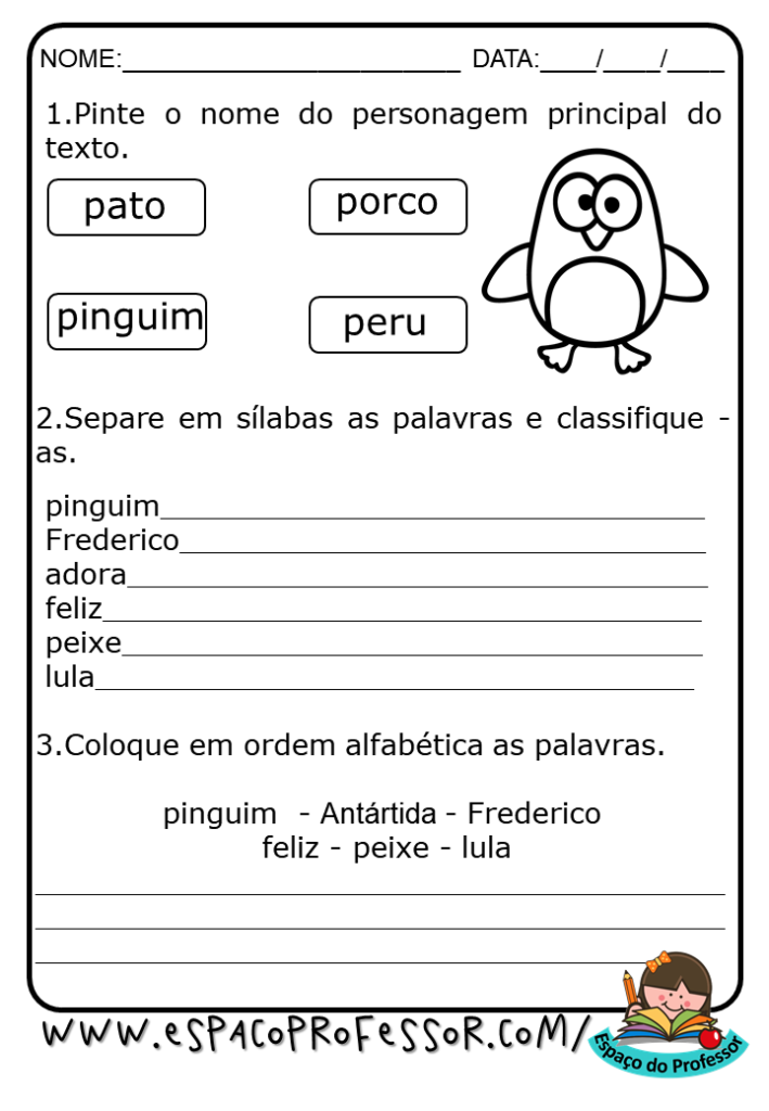 Atividades de alfabetização 2º ano para imprimir texto O Pinguim Frederico