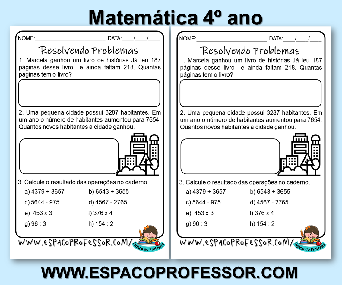 Atividade de matemática: Problemas de adição e subtração - 4º ano