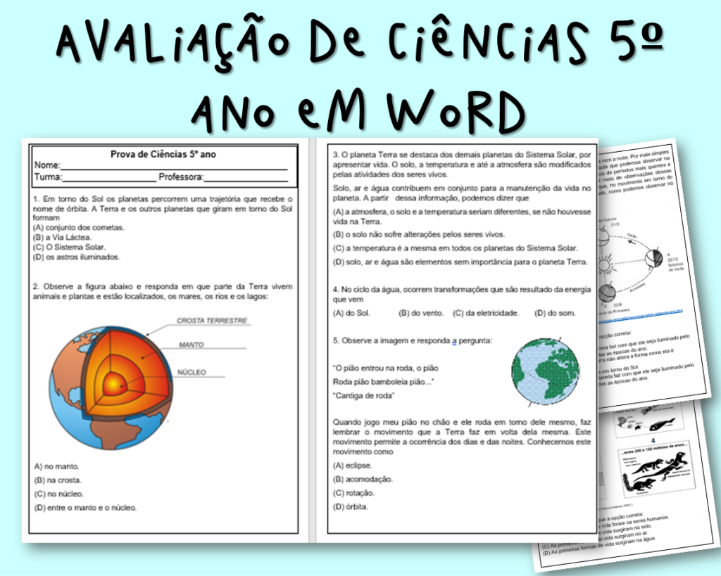 Avaliação de Ciências 5º ano em Word para baixar