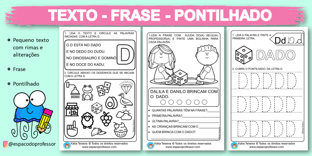 Pequeno texto com atividades Educação Infantil letra D 13 páginas em PDF