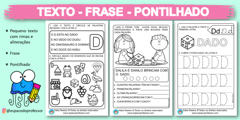 Pequeno texto com atividades Educação Infantil letra D com 13 páginas