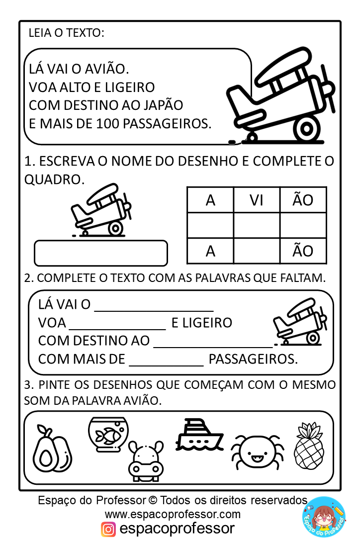 Alfabetização Palavra Avião: Sílabas, Palavra E Frase com texto