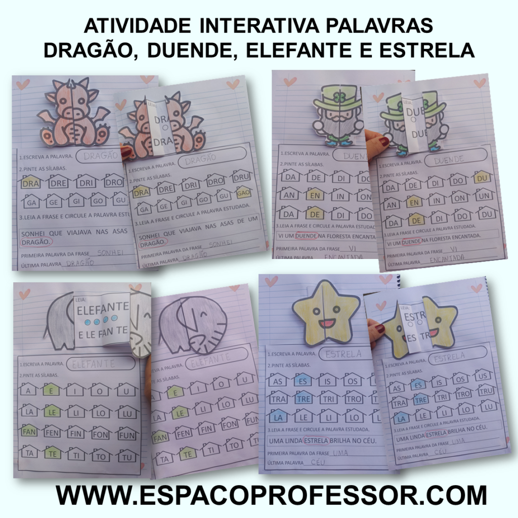 Atividade de Alfabetização palavras dragão, duende, estrela e elefante