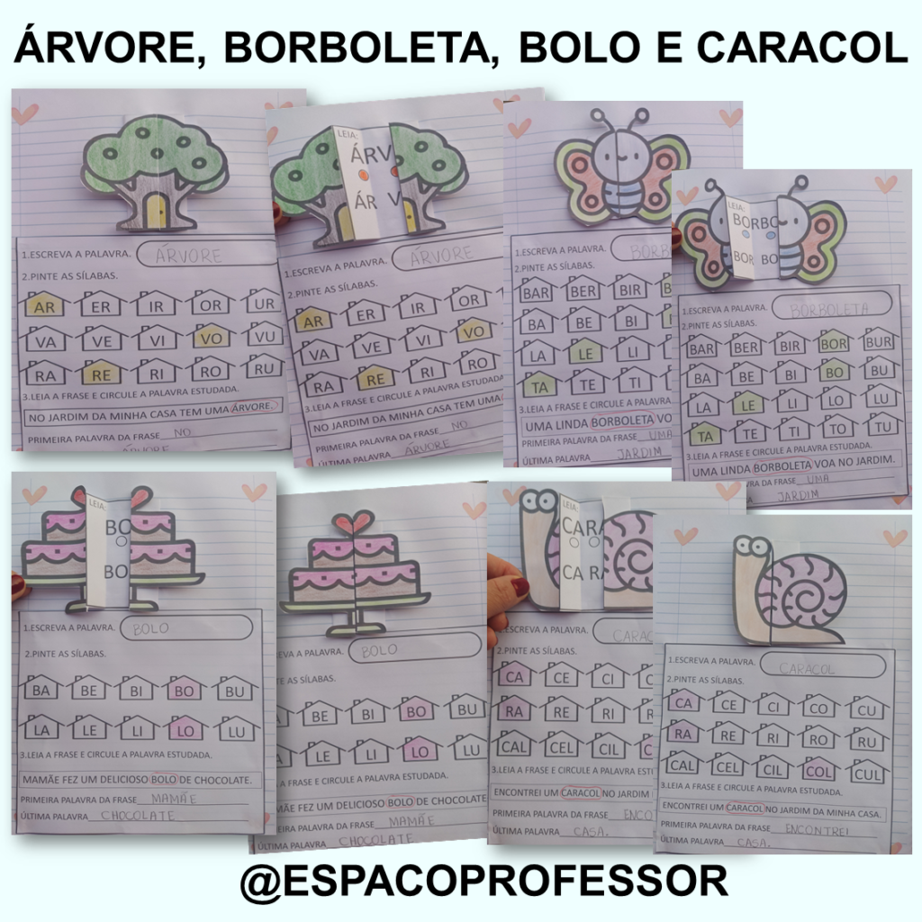 Atividade de Alfabetização palavras árvore, bolo, borboleta e caracol