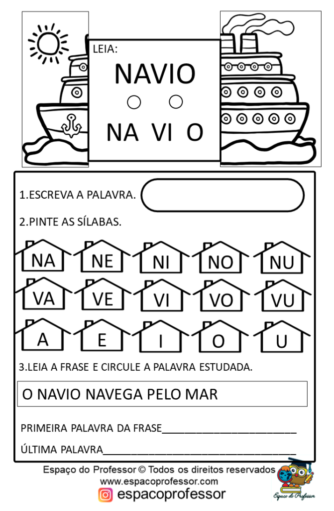 Atividades De Alfabetização. Palavras mata navio ônibus e ovelha