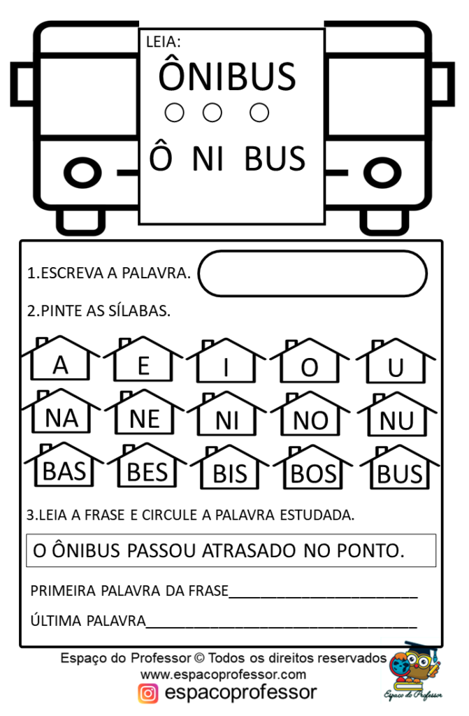 Atividades De Alfabetização. Palavras mata navio ônibus e ovelha