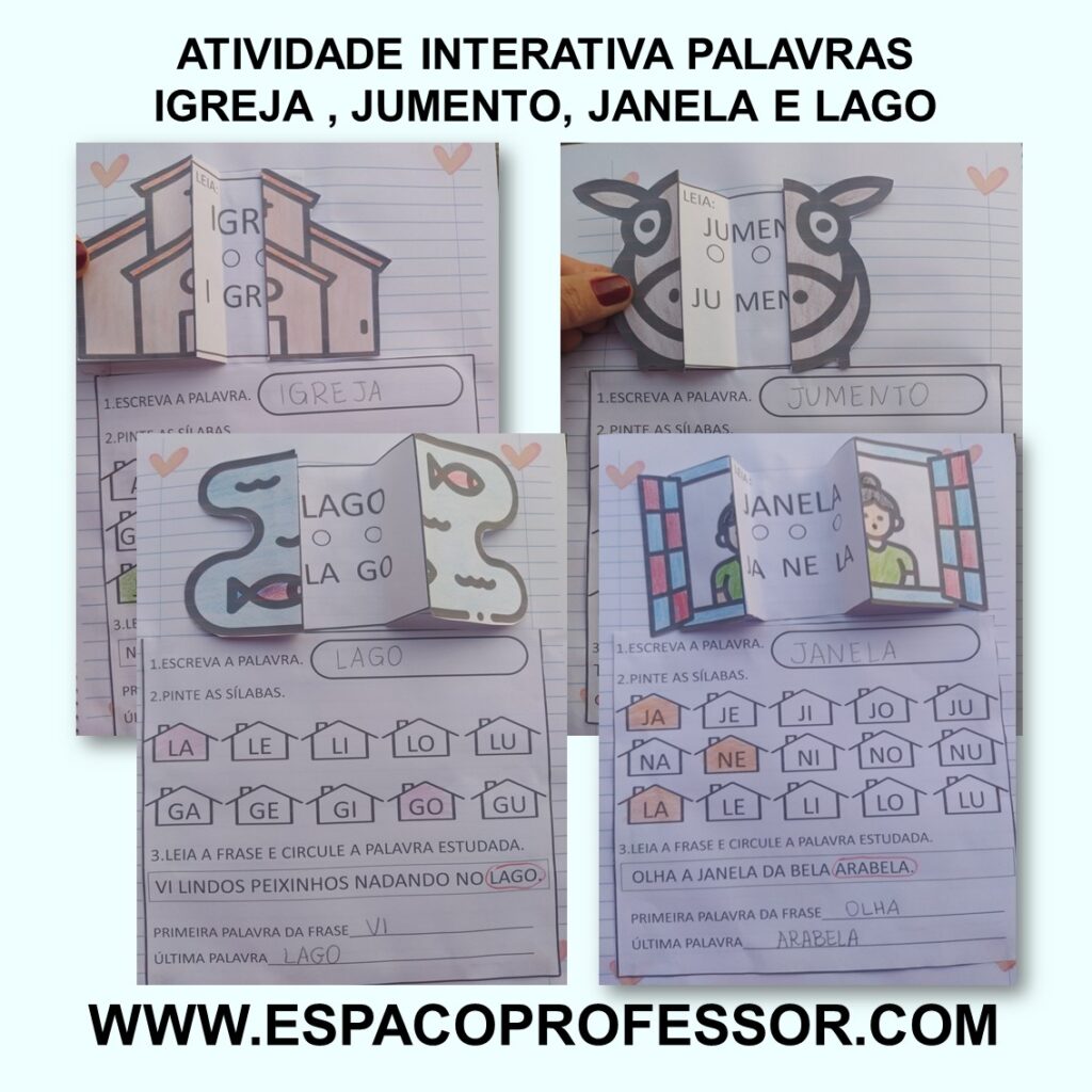 Atividades de Alfabetização. Palavras igreja jumento janela e lago
