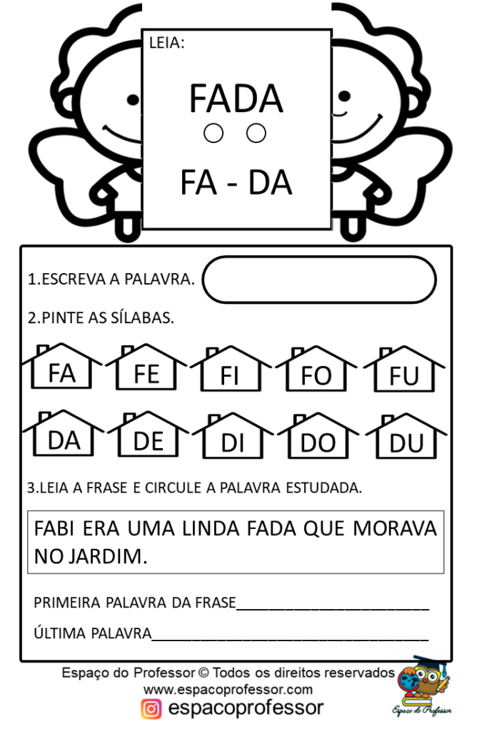 Atividades de Alfabetização. Palavras fada, gato, galinha e hipopótamo