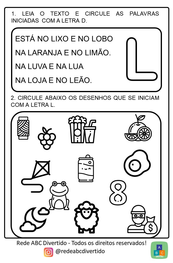 Pequeno texto com atividades Educação Infantil letra L