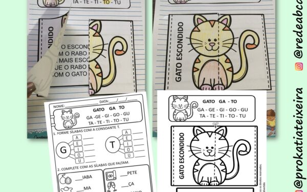 Atividades para alfabetizar crianças com pequeno texto gato escondido