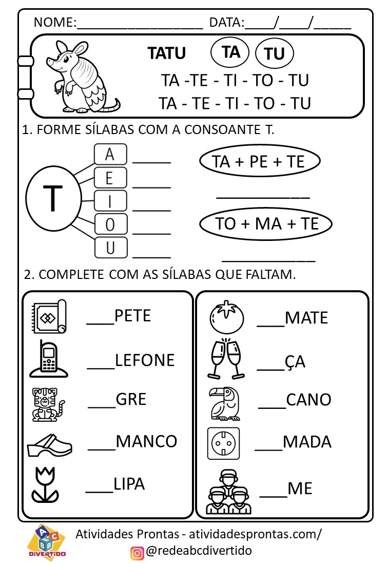 Pequeno texto para alfabetização com sílabas simples alô, o tatu tá aí?