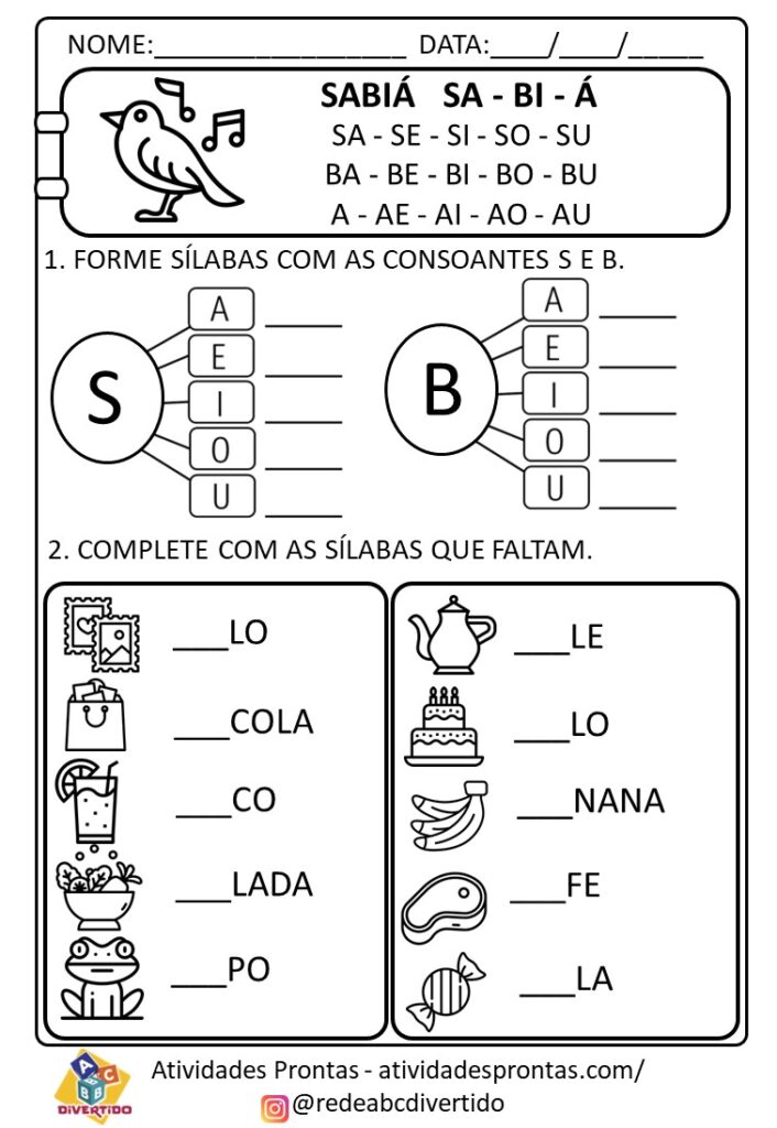 Atividades para alfabetização com pequenos textos Sabiá Sabido