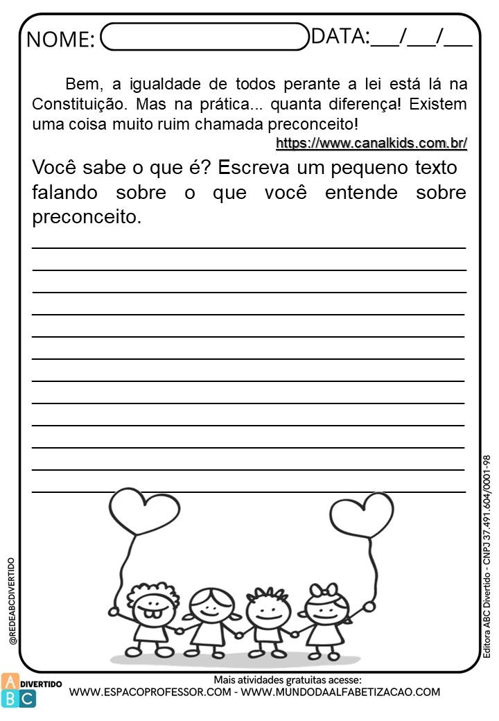 Atividade sobre as diferenças: produção de texto preconceito