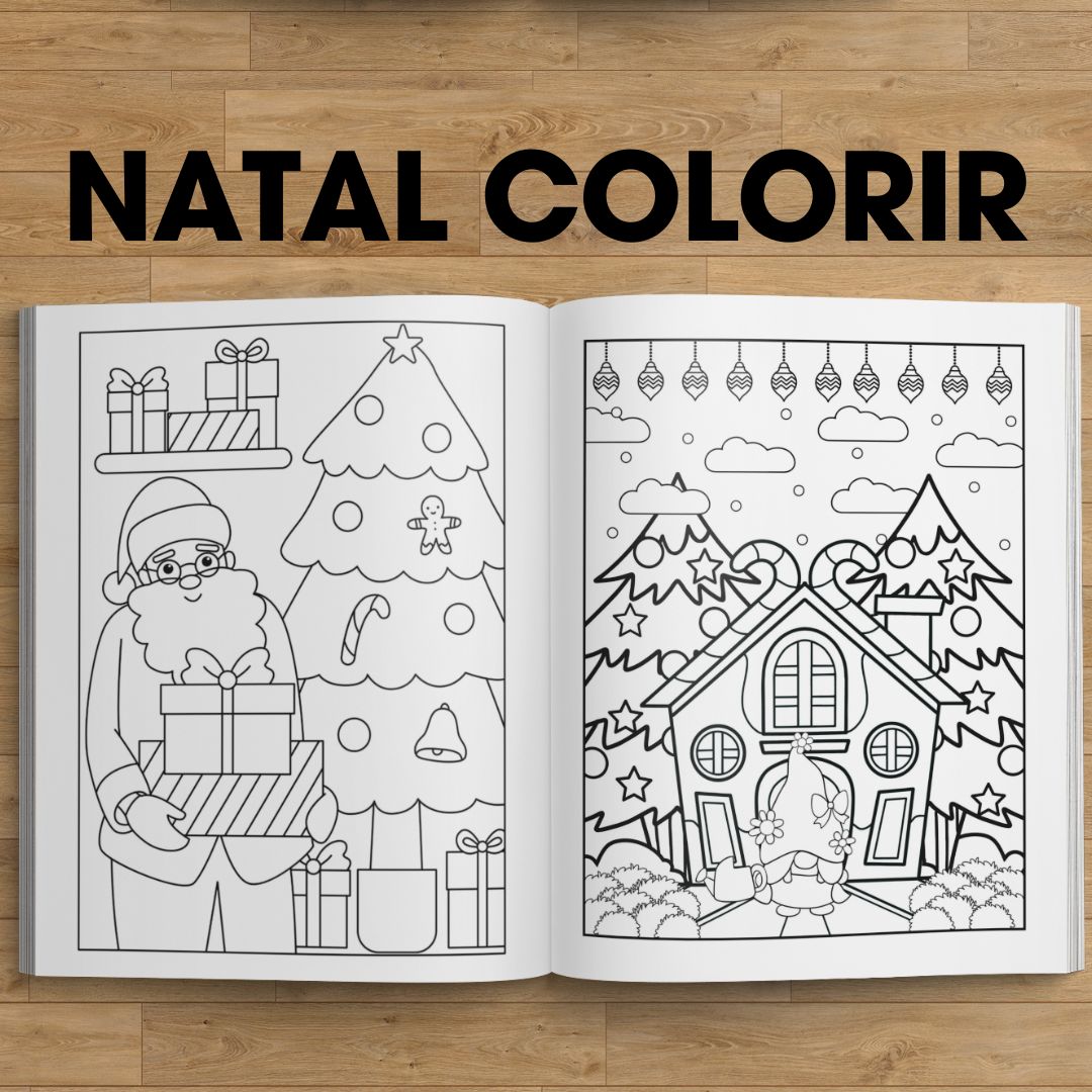 Desenho de Natal Para Colorir - Papai Noel e Árvores Natalinas