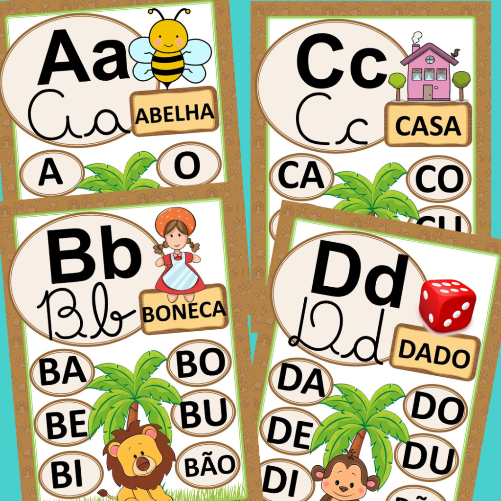Alfabeto para imprimir em PDF com 4 tipos de letras, desenho e palavra
