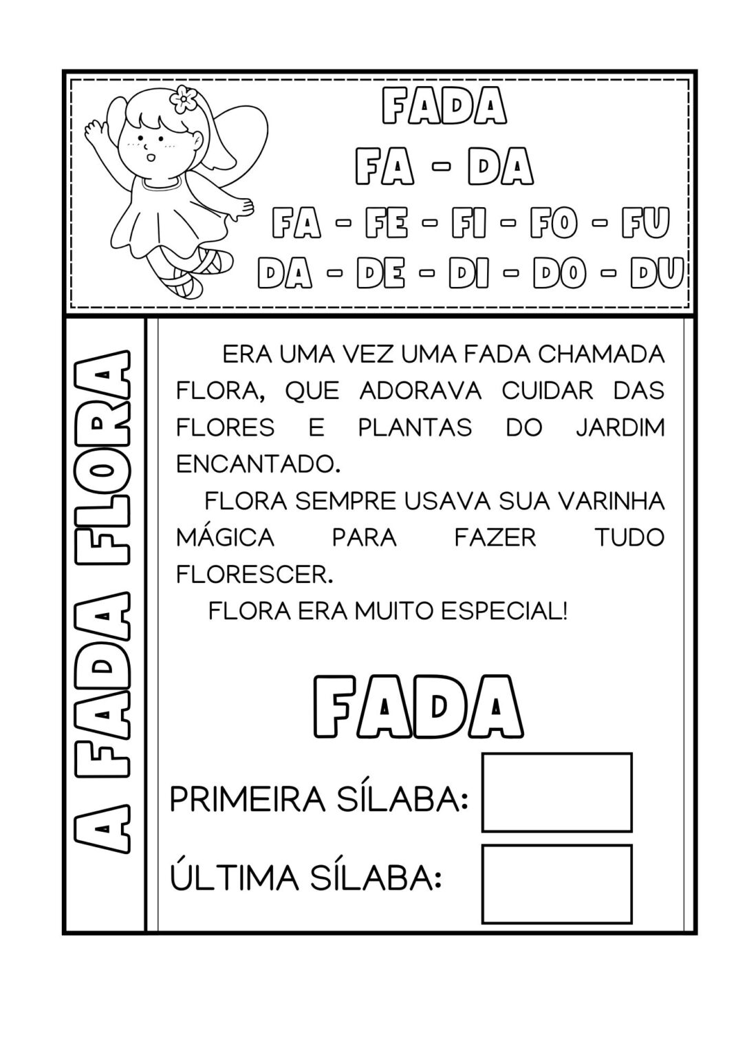 Texto interativo com atividades de alfabetização palavra fada