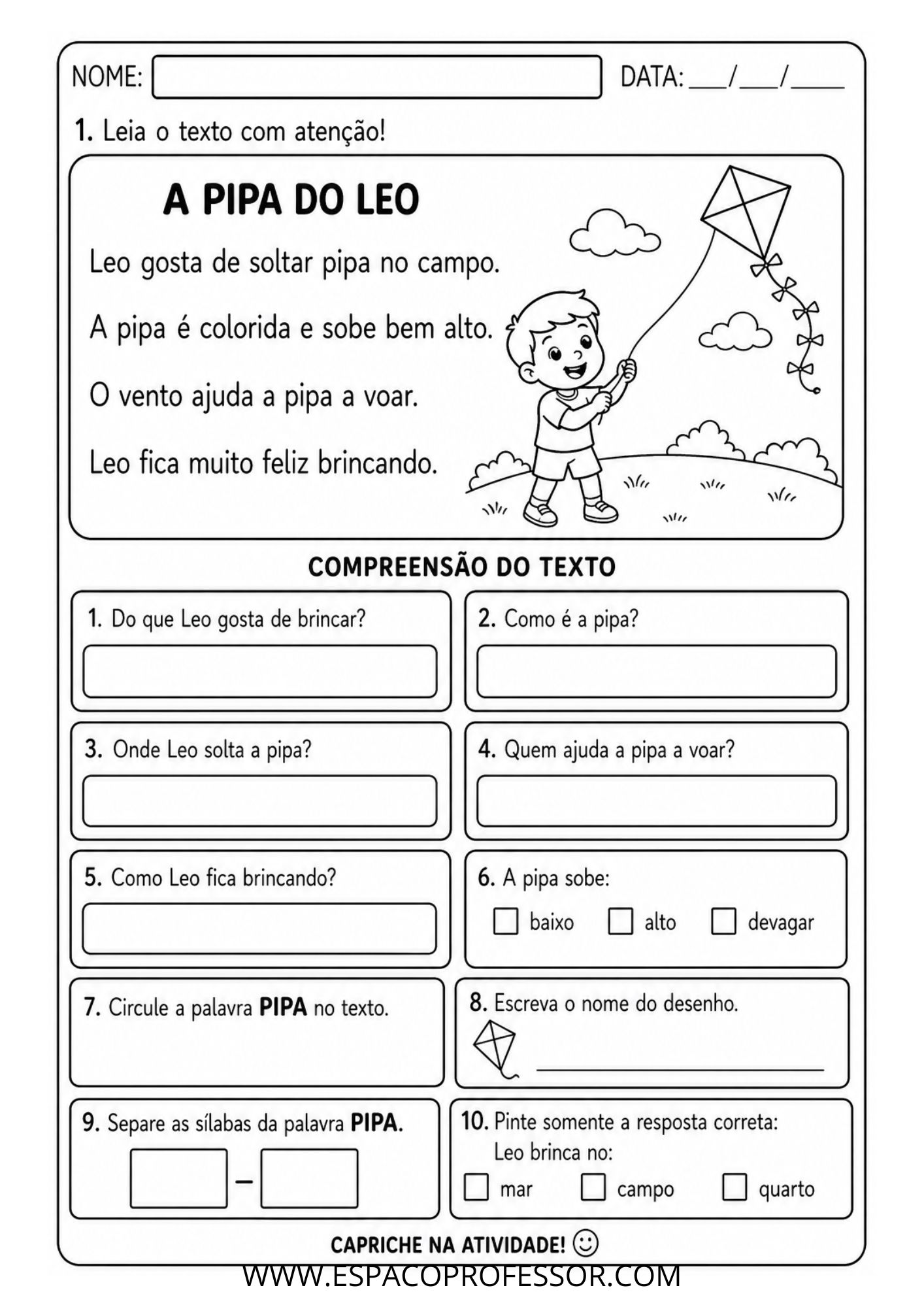 Atividade de Português 2º Ano – Leitura e Interpretação: A Pipa do Leo
